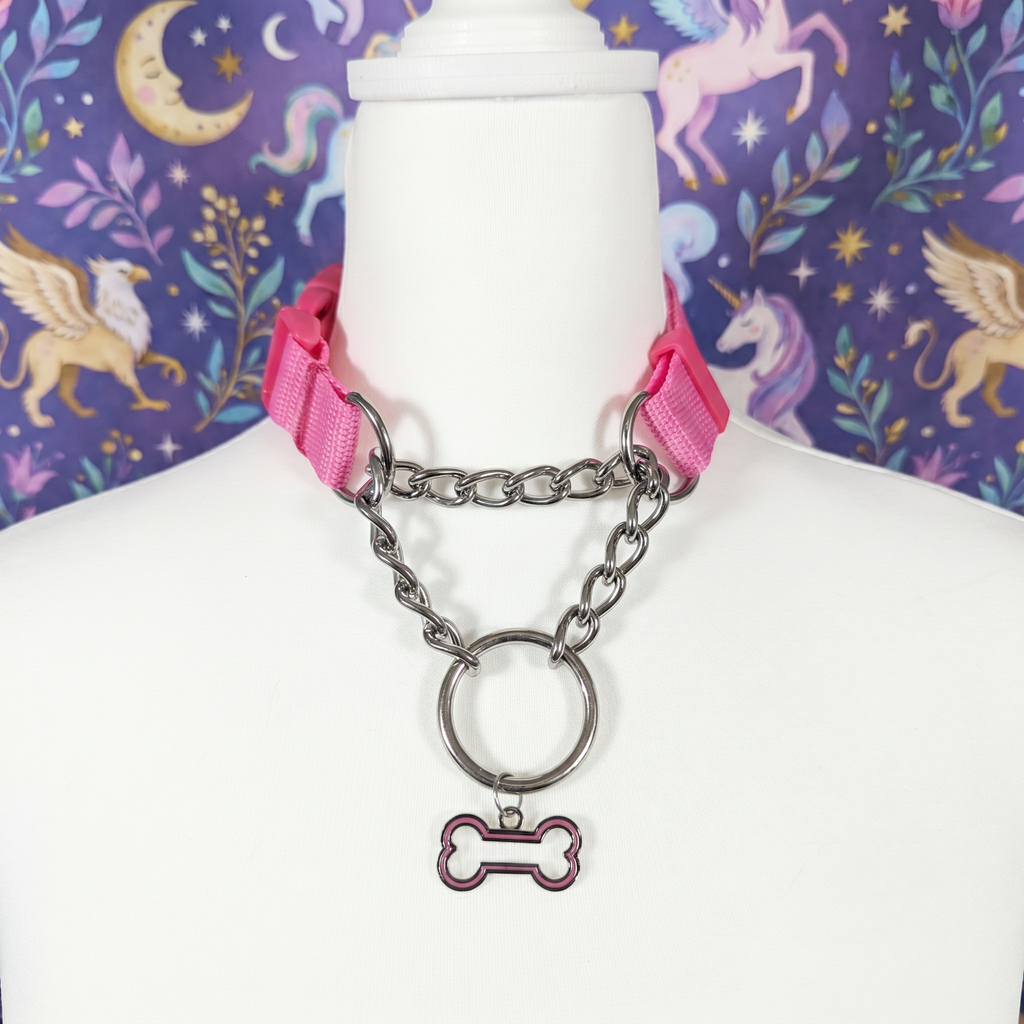 Pink and Polished metal Pull-Chain choker necklace with matching puppy dog bone pendant displayed on mannequin