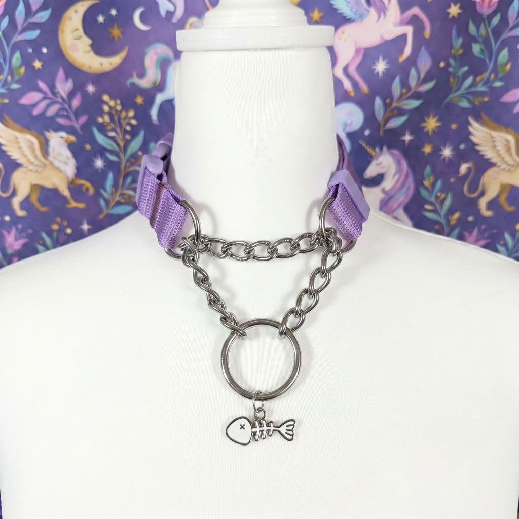 Lilac and Polished metal Pull-Chain  choker necklace with white fish bone pendant