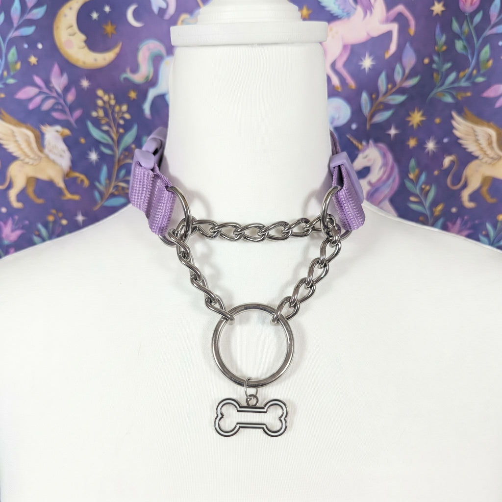 Light purple and Polished metal Pull-Chain choker necklace with matching puppy dog bone pendant displayed on mannequin