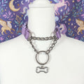 Light purple and Polished metal Pull-Chain choker necklace with matching puppy dog bone pendant displayed on mannequin