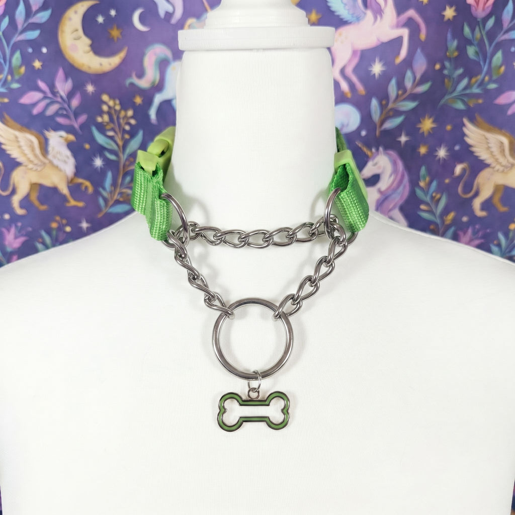 Green and Polished metal Pull-Chain choker necklace with matching puppy dog bone pendant displayed on mannequin