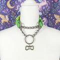 Green and Polished metal Pull-Chain choker necklace with matching puppy dog bone pendant displayed on mannequin