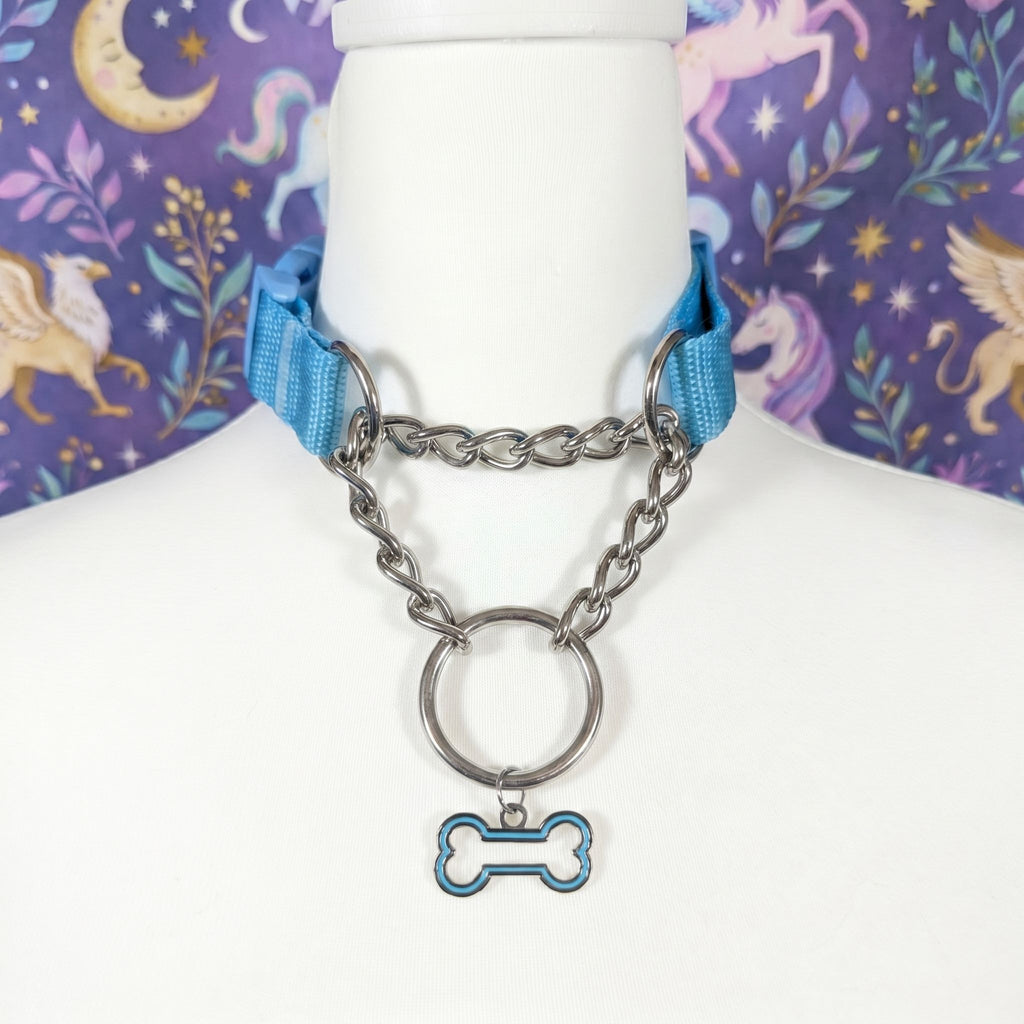 Light blue and Polished metal Pull-Chain choker necklace with matching puppy dog bone pendant displayed on mannequin