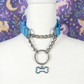Light blue and Polished metal Pull-Chain choker necklace with matching puppy dog bone pendant displayed on mannequin