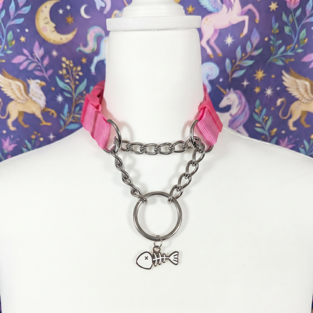 Pink nylon pull-chain choker necklace  with fish bone pendant on mannequin
