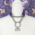 Purple and Polished metal Pull-Chain choker necklace with matching puppy dog bone pendant displayed on mannequin