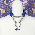 Blue and Polished metal Pull-Chain  choker necklace with white fish bone pendant on mannequin