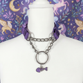 Purple and Polished metal Pull-Chain  choker necklace with white fish bone pendant on mannequin